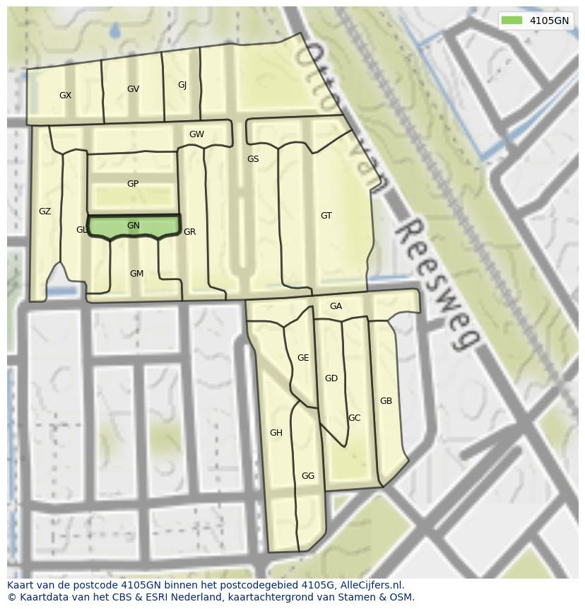 Afbeelding van het postcodegebied 4105 GN op de kaart.