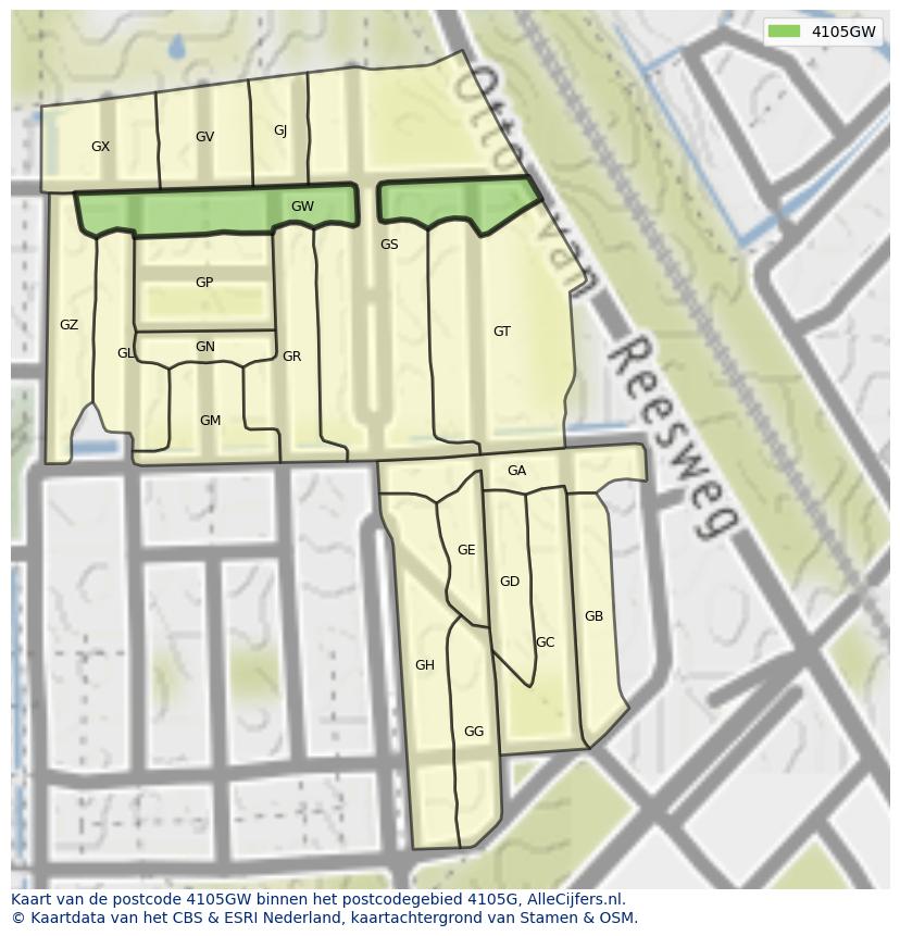 Afbeelding van het postcodegebied 4105 GW op de kaart.