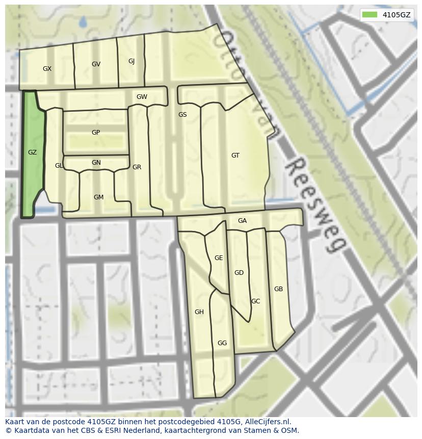 Afbeelding van het postcodegebied 4105 GZ op de kaart.