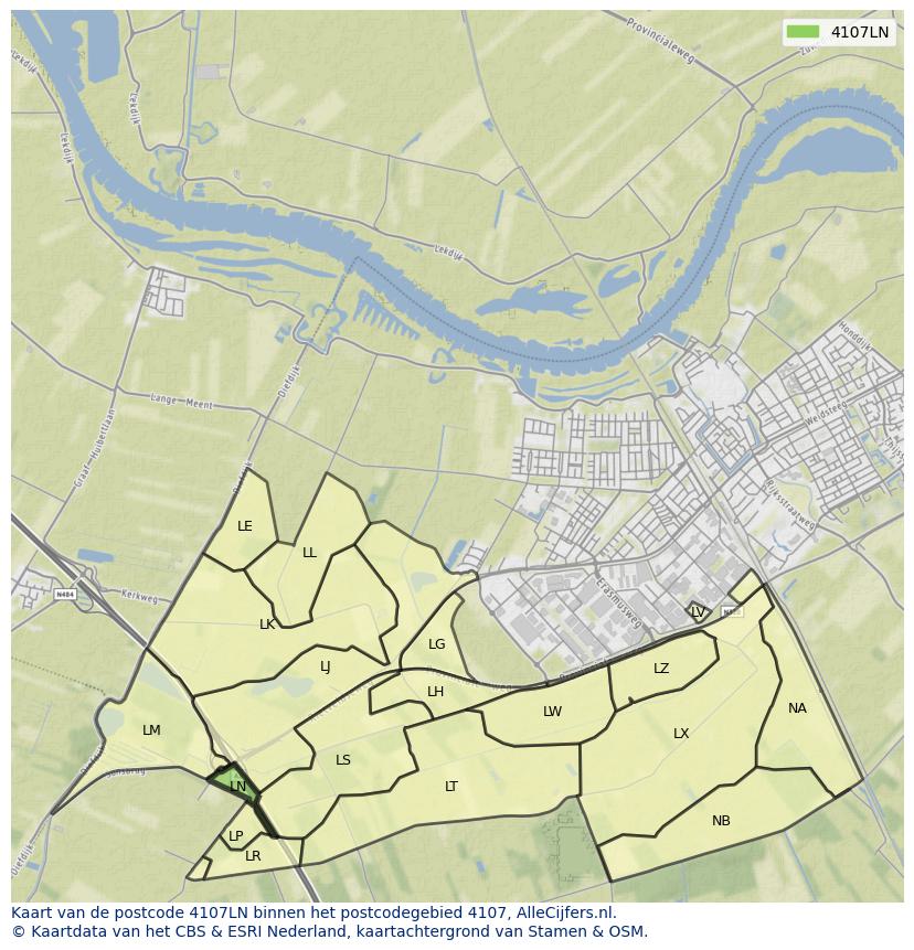 Afbeelding van het postcodegebied 4107 LN op de kaart.