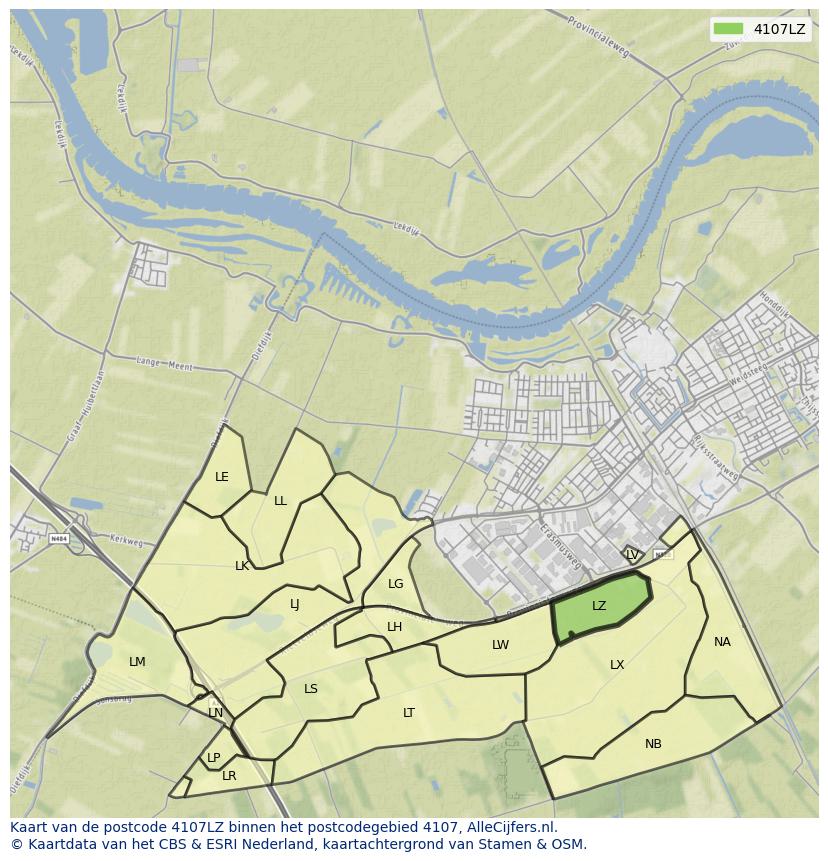 Afbeelding van het postcodegebied 4107 LZ op de kaart.
