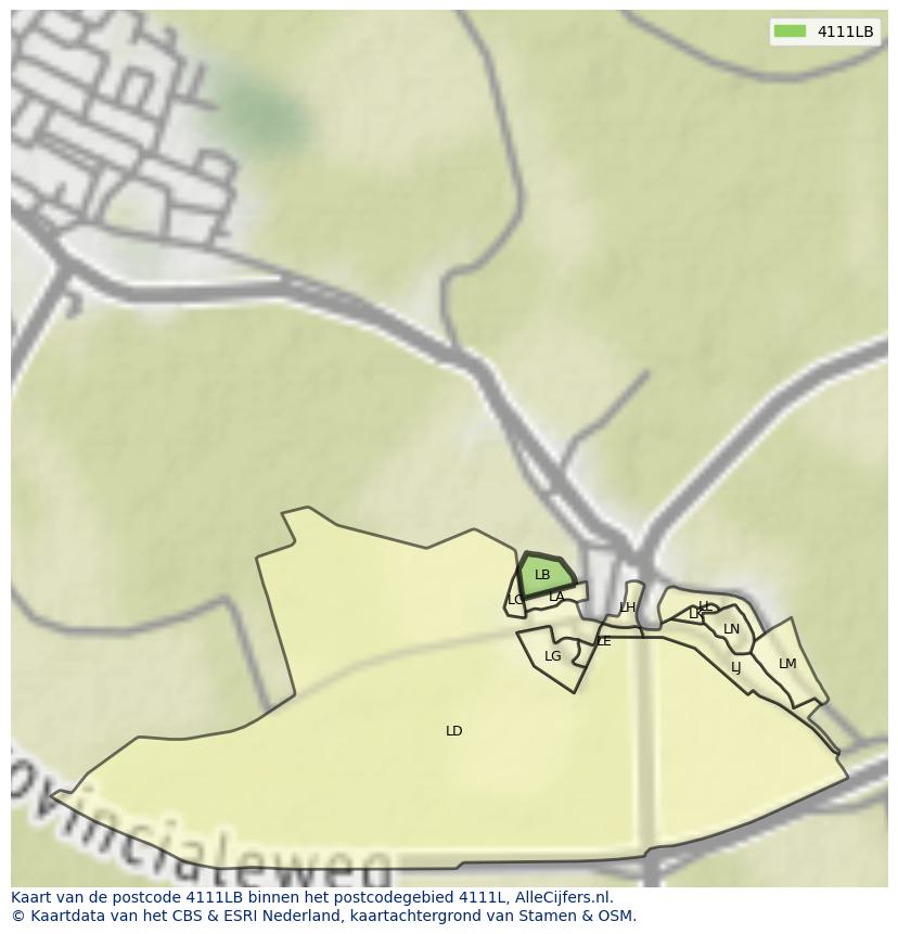 Afbeelding van het postcodegebied 4111 LB op de kaart.