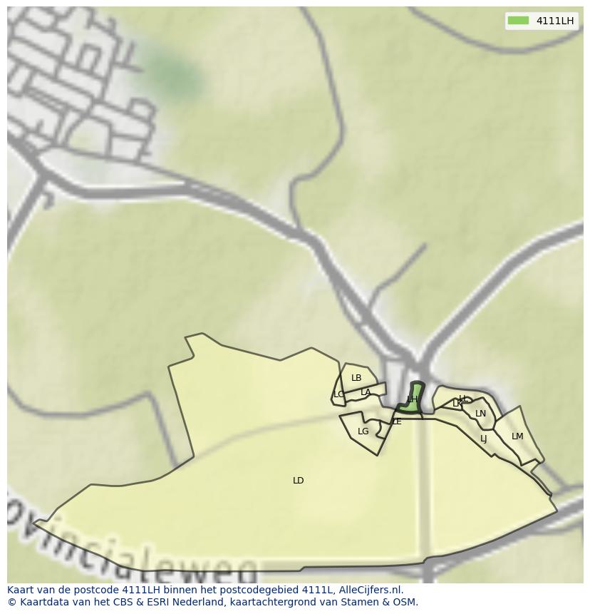 Afbeelding van het postcodegebied 4111 LH op de kaart.
