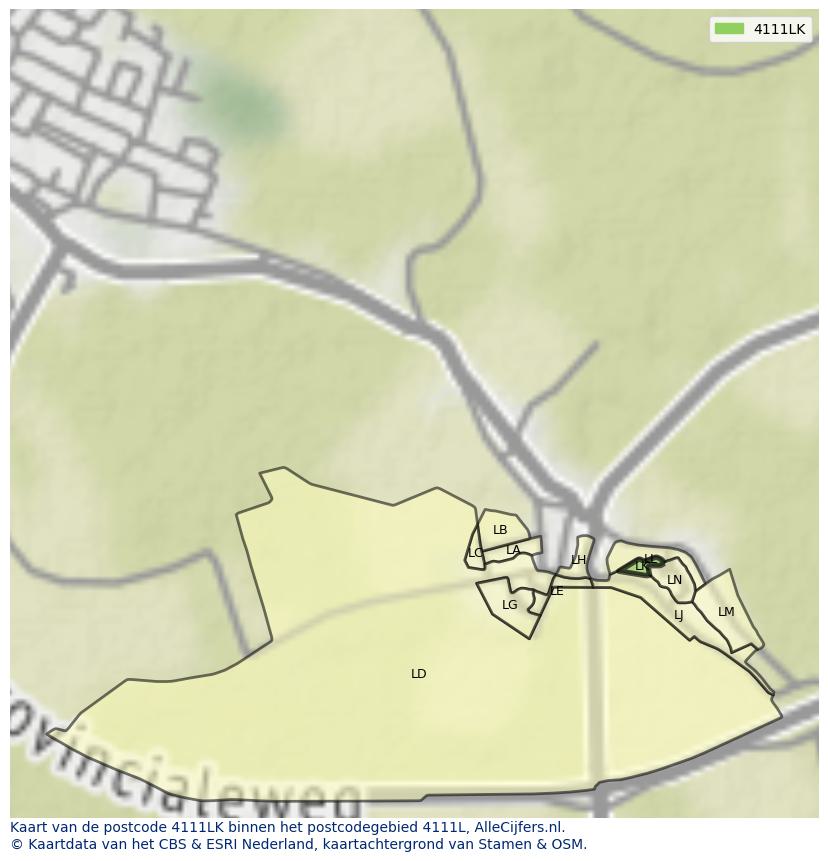 Afbeelding van het postcodegebied 4111 LK op de kaart.
