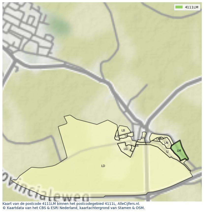 Afbeelding van het postcodegebied 4111 LM op de kaart.