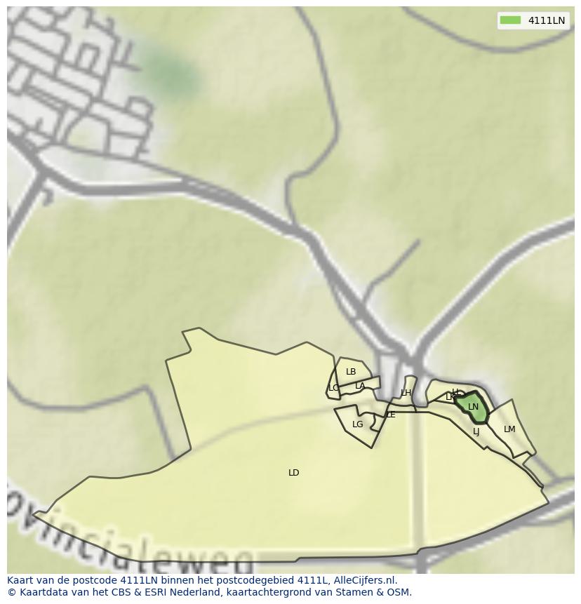 Afbeelding van het postcodegebied 4111 LN op de kaart.