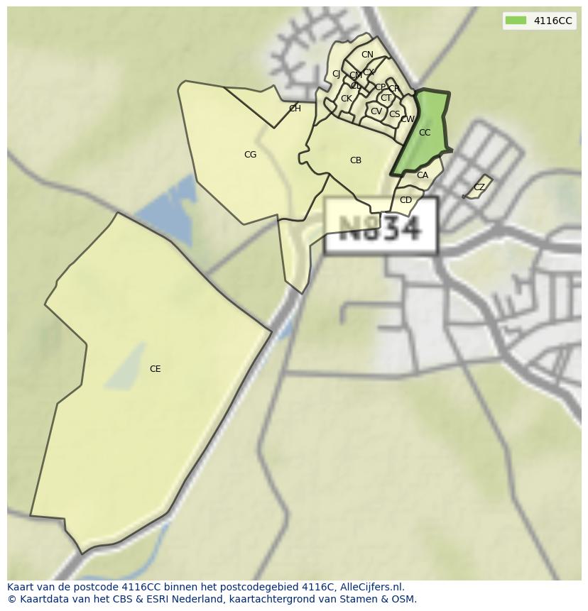 Afbeelding van het postcodegebied 4116 CC op de kaart.