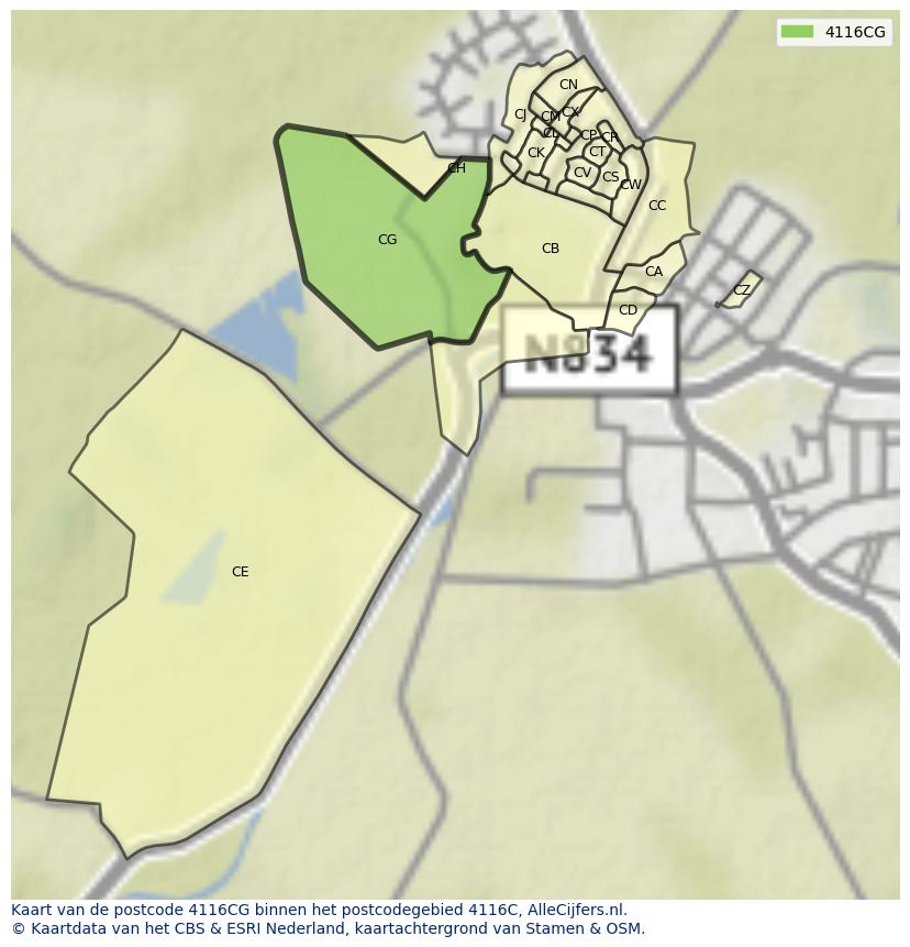 Afbeelding van het postcodegebied 4116 CG op de kaart.