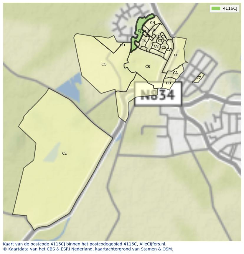 Afbeelding van het postcodegebied 4116 CJ op de kaart.
