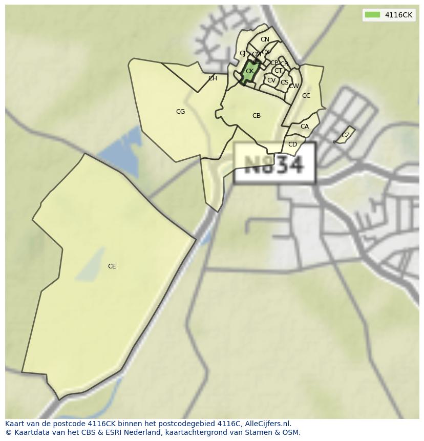 Afbeelding van het postcodegebied 4116 CK op de kaart.