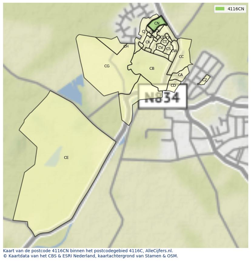 Afbeelding van het postcodegebied 4116 CN op de kaart.