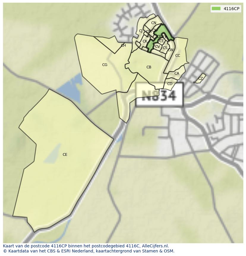 Afbeelding van het postcodegebied 4116 CP op de kaart.