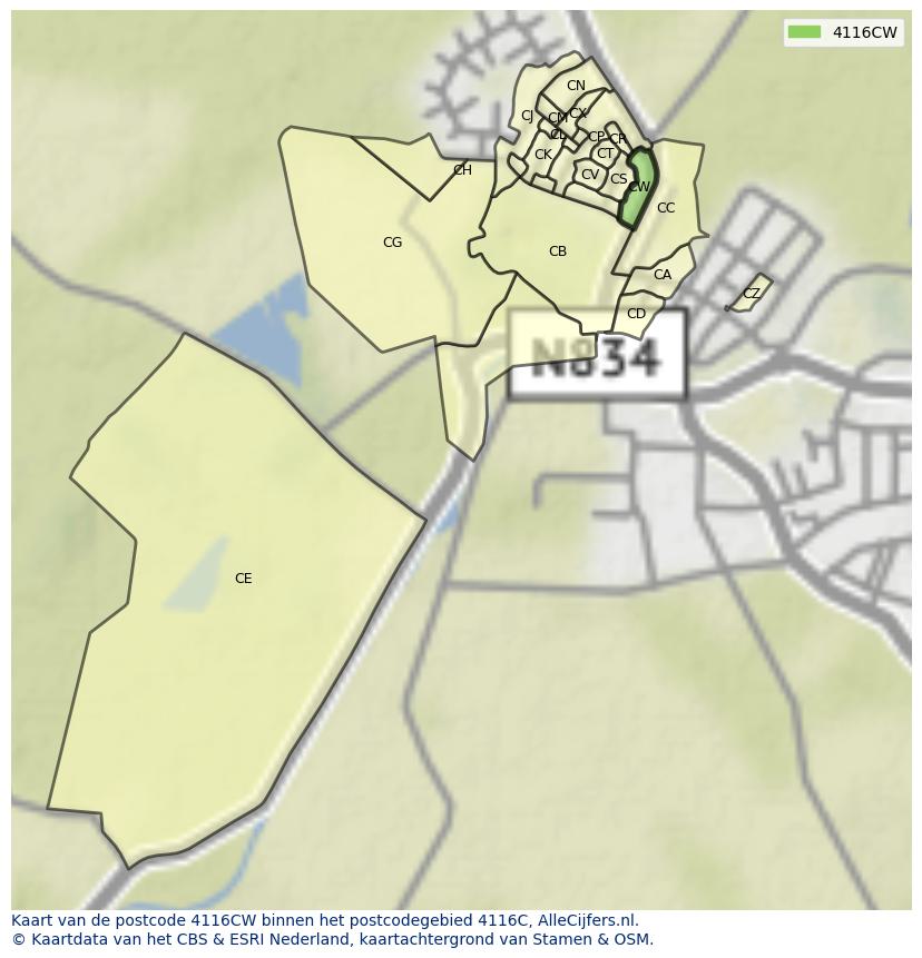 Afbeelding van het postcodegebied 4116 CW op de kaart.