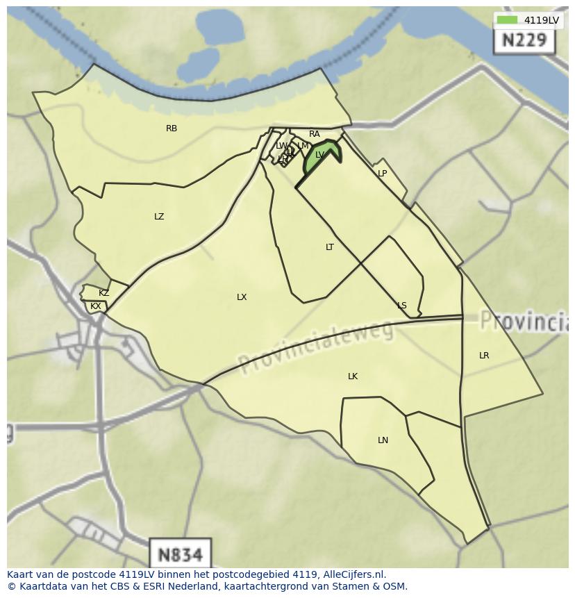 Afbeelding van het postcodegebied 4119 LV op de kaart.