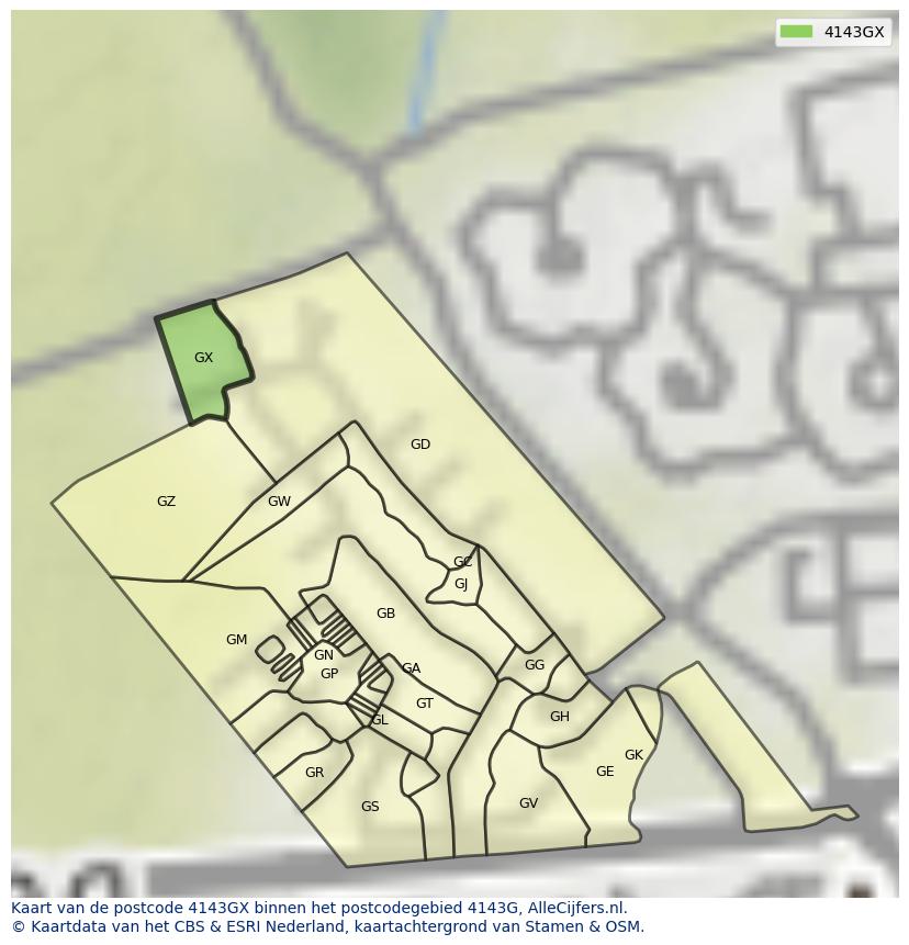 Afbeelding van het postcodegebied 4143 GX op de kaart.