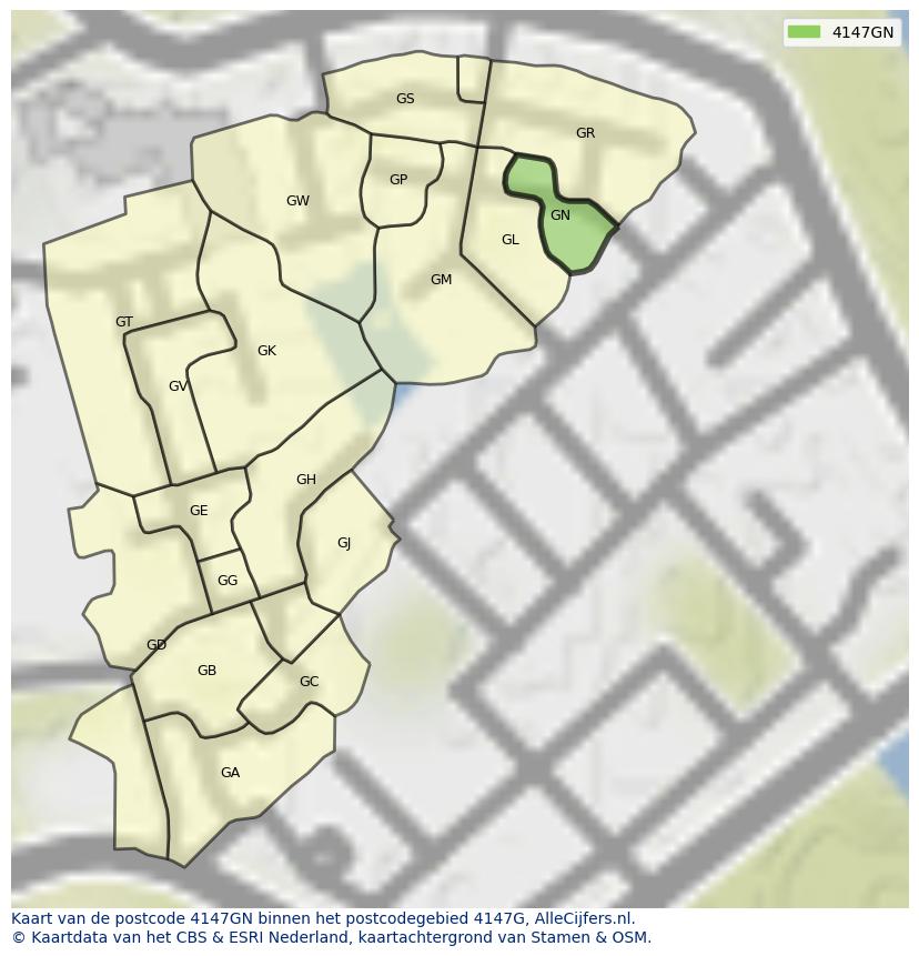 Afbeelding van het postcodegebied 4147 GN op de kaart.