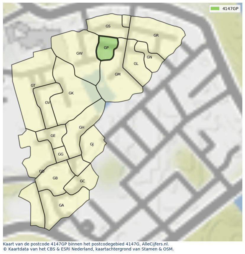 Afbeelding van het postcodegebied 4147 GP op de kaart.