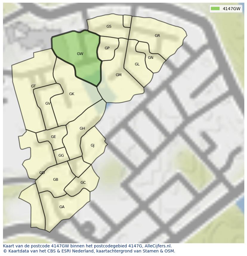 Afbeelding van het postcodegebied 4147 GW op de kaart.