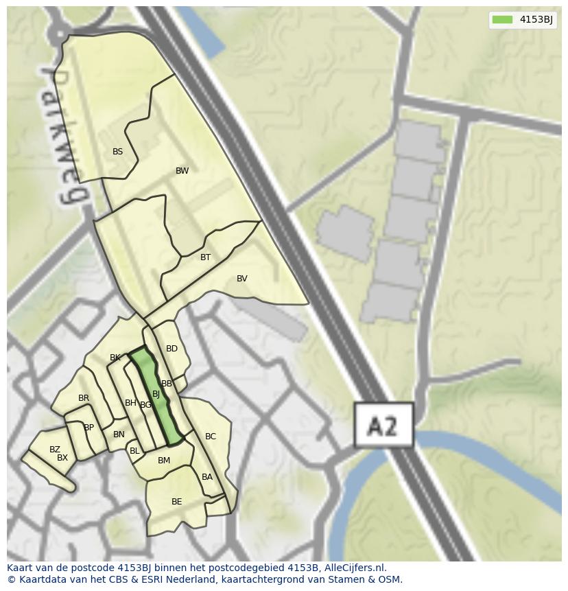 Afbeelding van het postcodegebied 4153 BJ op de kaart.