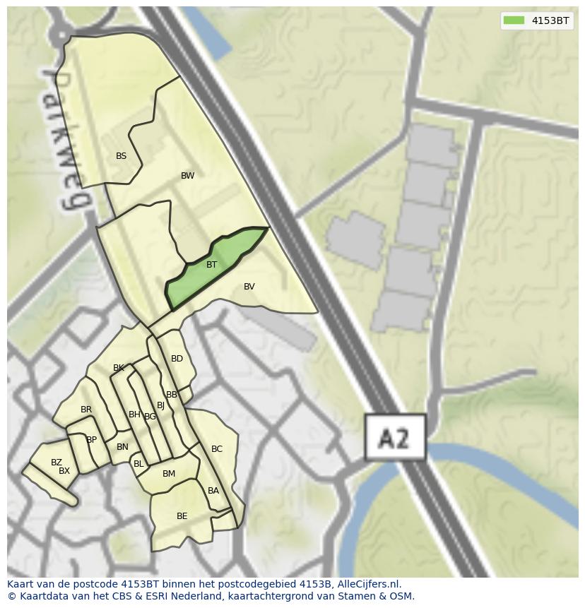 Afbeelding van het postcodegebied 4153 BT op de kaart.