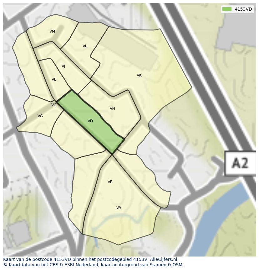 Afbeelding van het postcodegebied 4153 VD op de kaart.