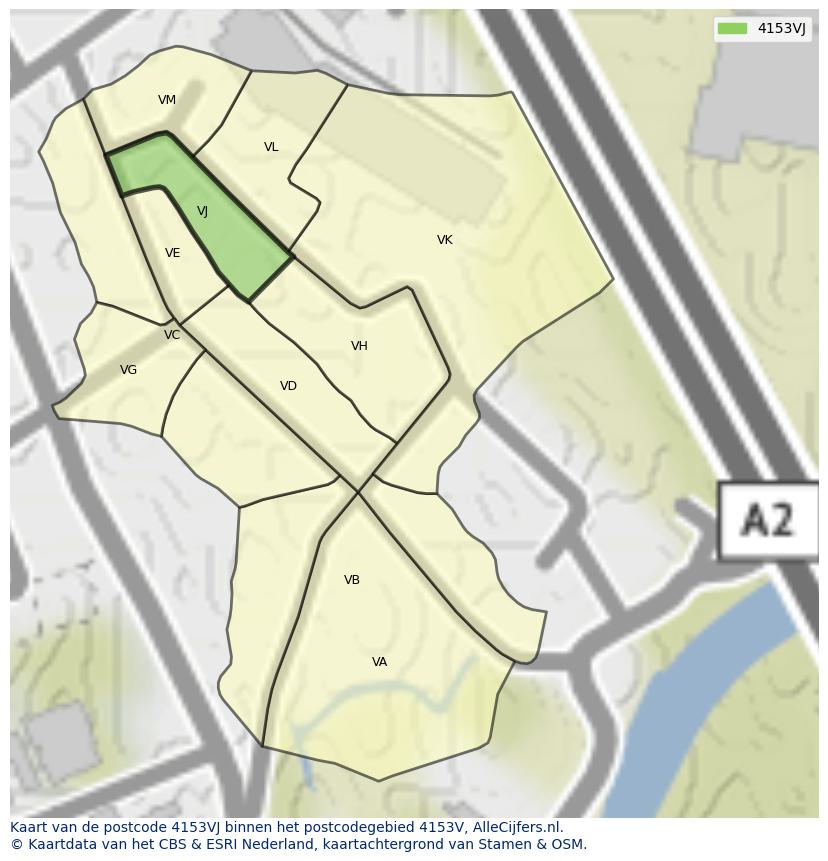 Afbeelding van het postcodegebied 4153 VJ op de kaart.