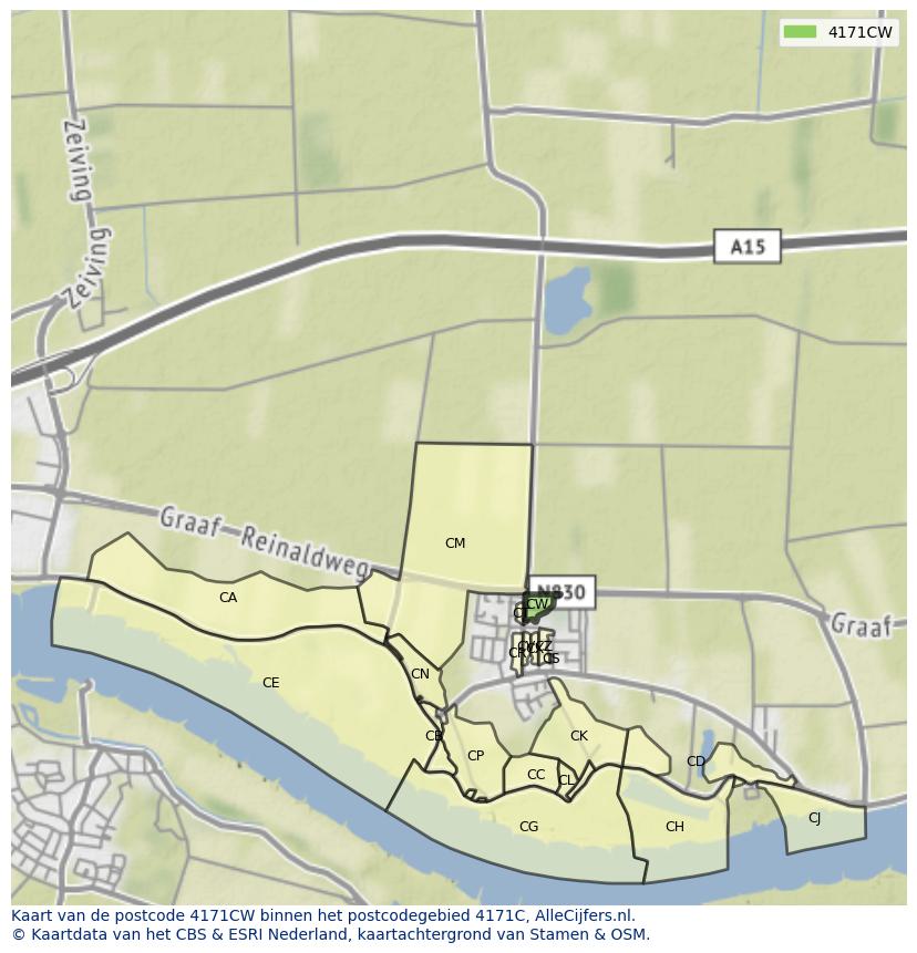 Afbeelding van het postcodegebied 4171 CW op de kaart.