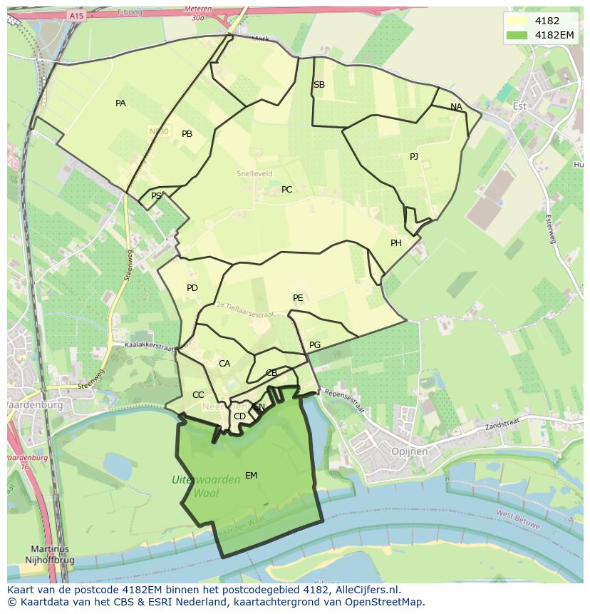 Afbeelding van het postcodegebied 4182 EM op de kaart.