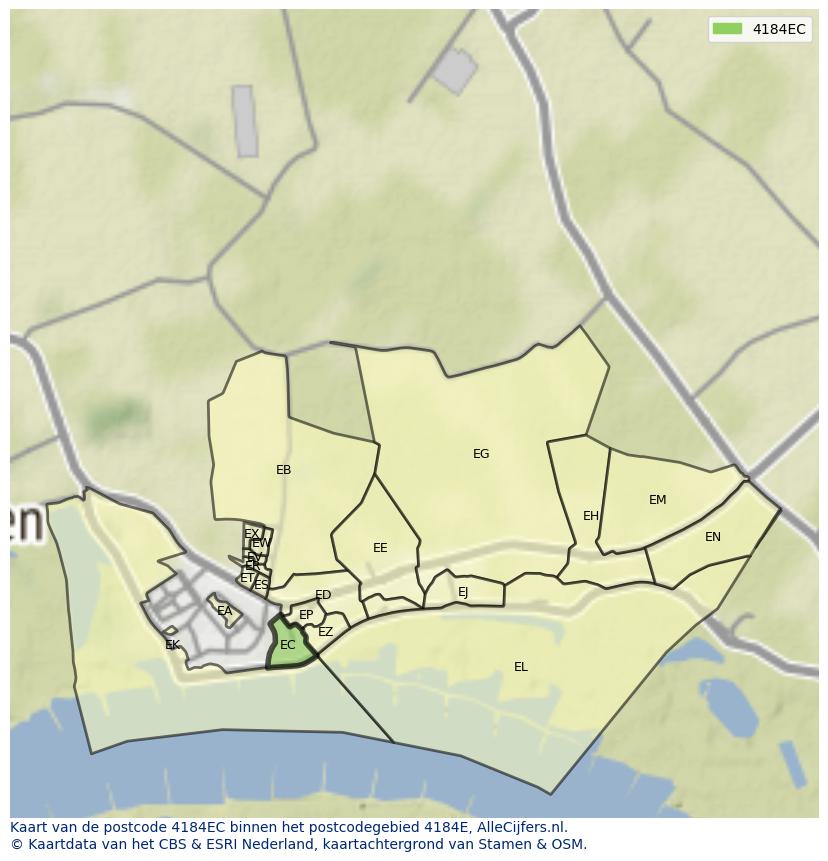 Afbeelding van het postcodegebied 4184 EC op de kaart.