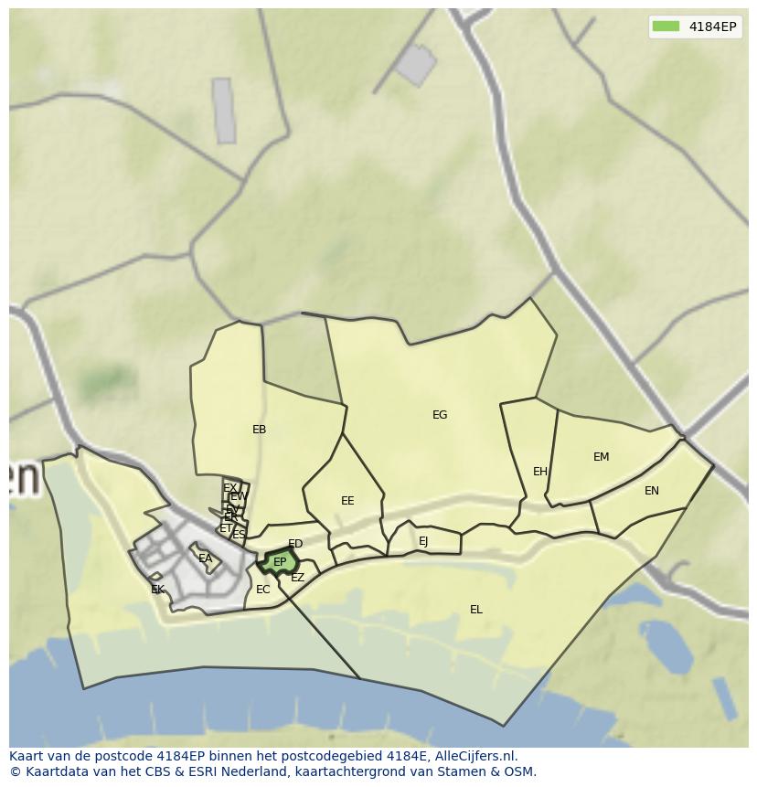 Afbeelding van het postcodegebied 4184 EP op de kaart.