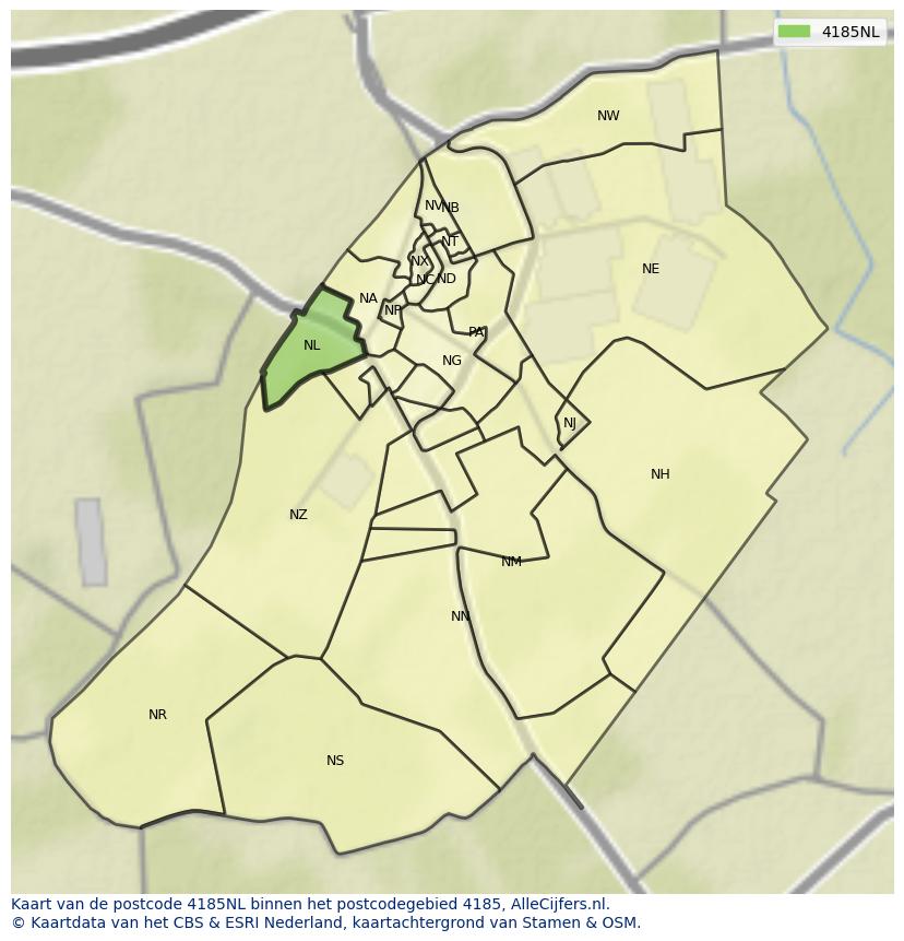 Afbeelding van het postcodegebied 4185 NL op de kaart.