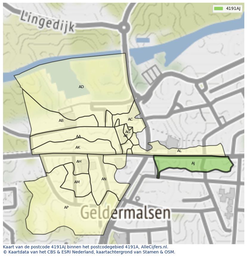 Afbeelding van het postcodegebied 4191 AJ op de kaart.