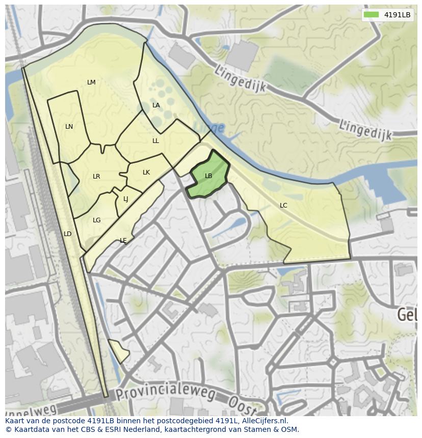 Afbeelding van het postcodegebied 4191 LB op de kaart.