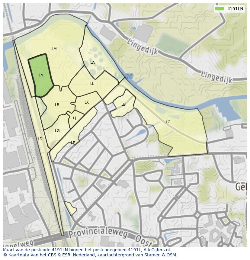 Afbeelding van het postcodegebied 4191 LN op de kaart.