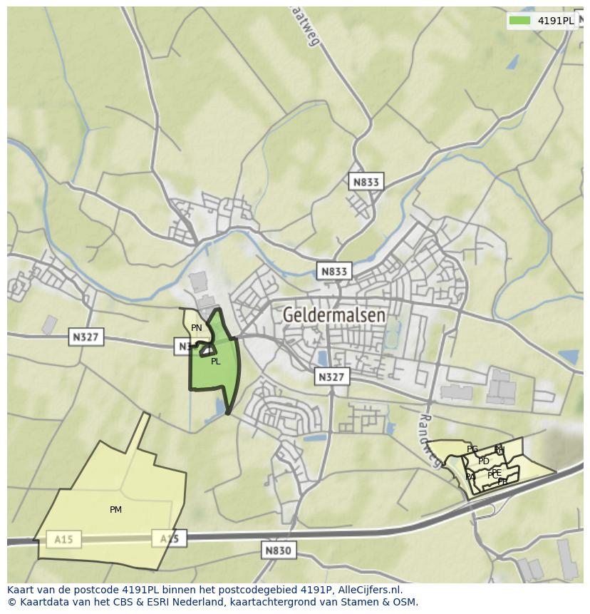 Afbeelding van het postcodegebied 4191 PL op de kaart.
