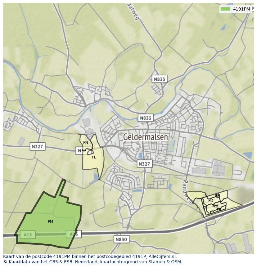 Afbeelding van het postcodegebied 4191 PM op de kaart.