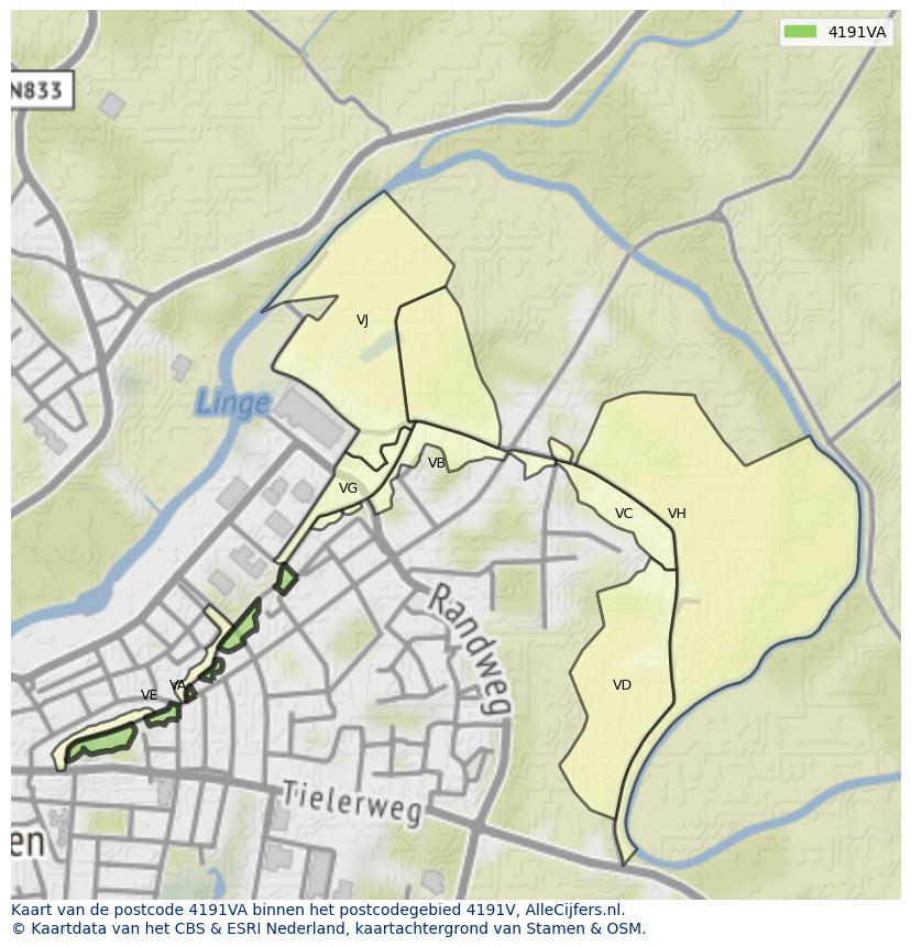 Afbeelding van het postcodegebied 4191 VA op de kaart.