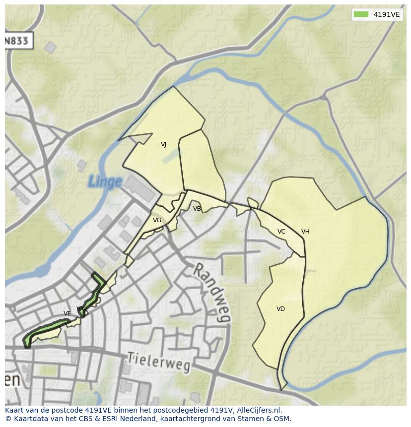 Afbeelding van het postcodegebied 4191 VE op de kaart.