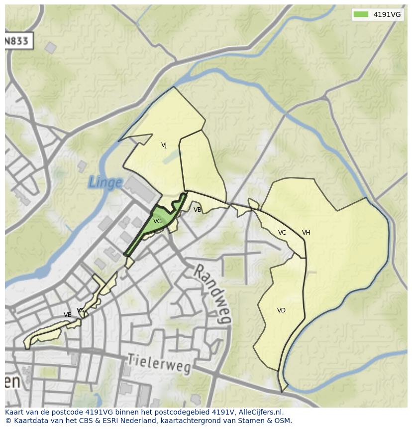 Afbeelding van het postcodegebied 4191 VG op de kaart.