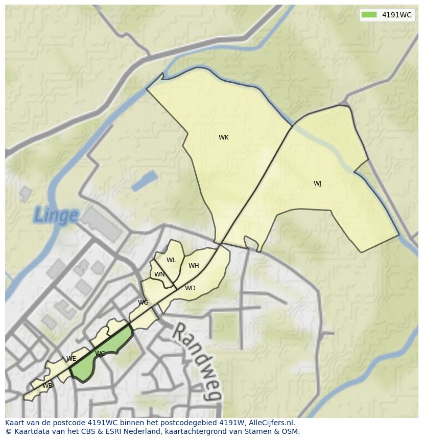 Afbeelding van het postcodegebied 4191 WC op de kaart.