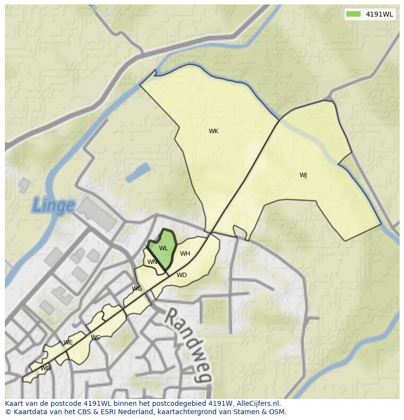 Afbeelding van het postcodegebied 4191 WL op de kaart.