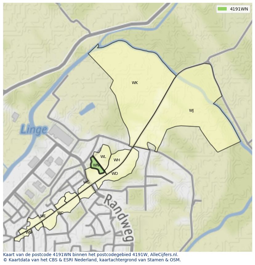 Afbeelding van het postcodegebied 4191 WN op de kaart.