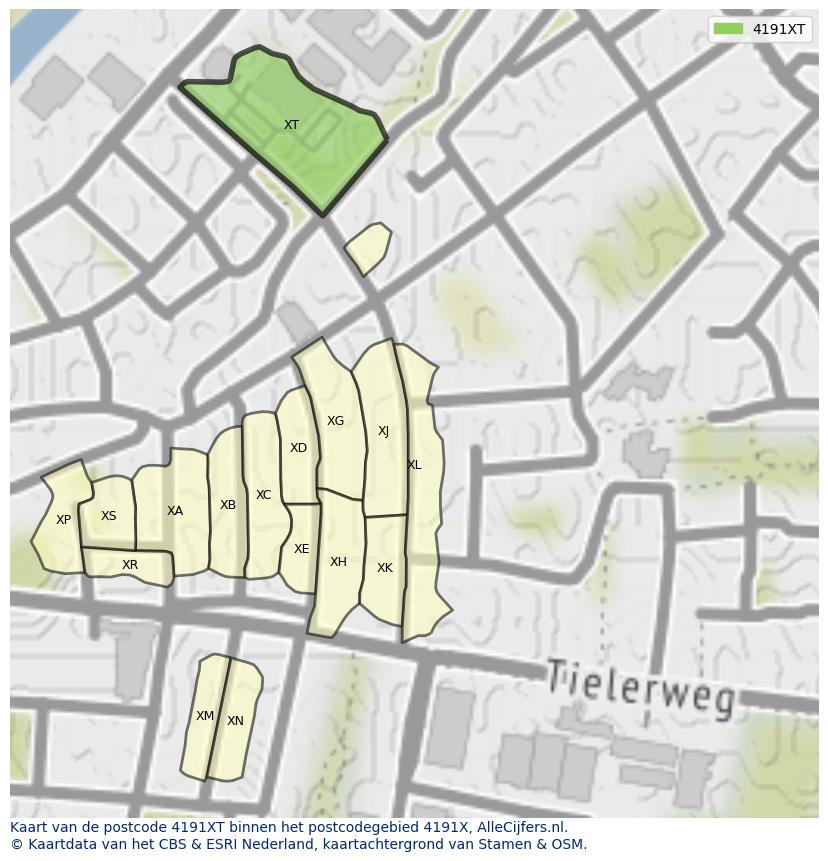 Afbeelding van het postcodegebied 4191 XT op de kaart.