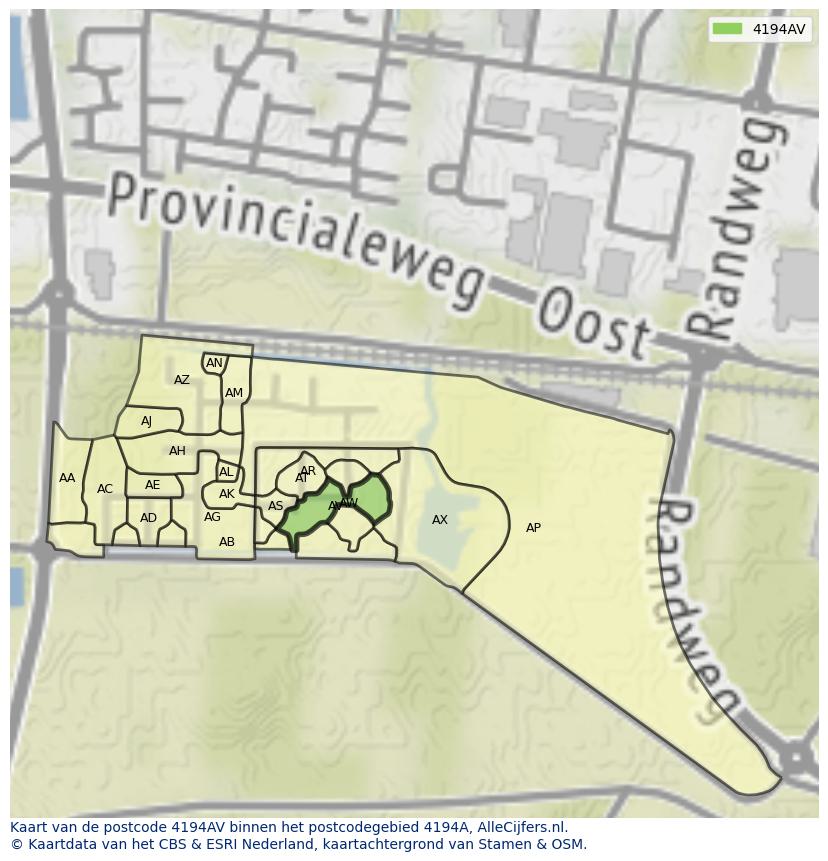 Afbeelding van het postcodegebied 4194 AV op de kaart.