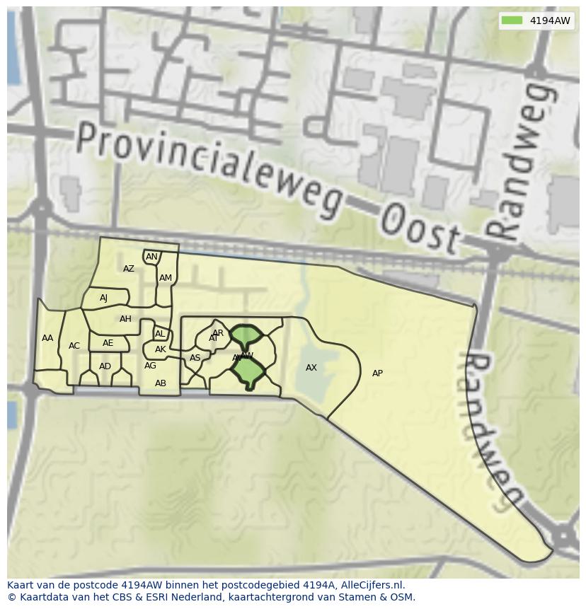 Afbeelding van het postcodegebied 4194 AW op de kaart.