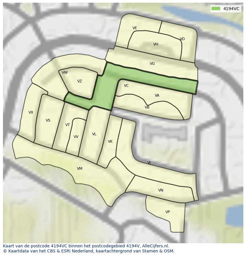 Afbeelding van het postcodegebied 4194 VC op de kaart.
