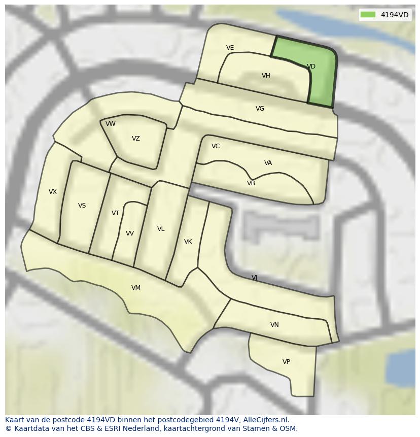 Afbeelding van het postcodegebied 4194 VD op de kaart.