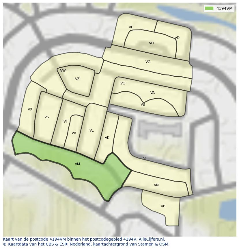 Afbeelding van het postcodegebied 4194 VM op de kaart.