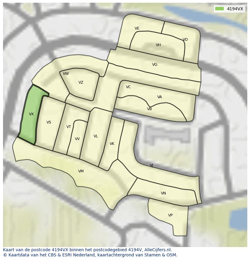 Afbeelding van het postcodegebied 4194 VX op de kaart.