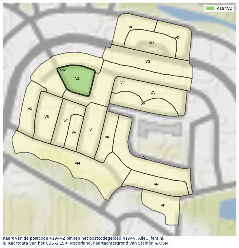 Afbeelding van het postcodegebied 4194 VZ op de kaart.